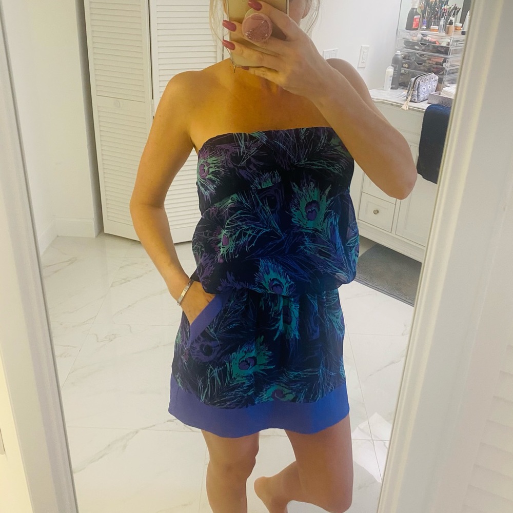 Strapless dress peacock print